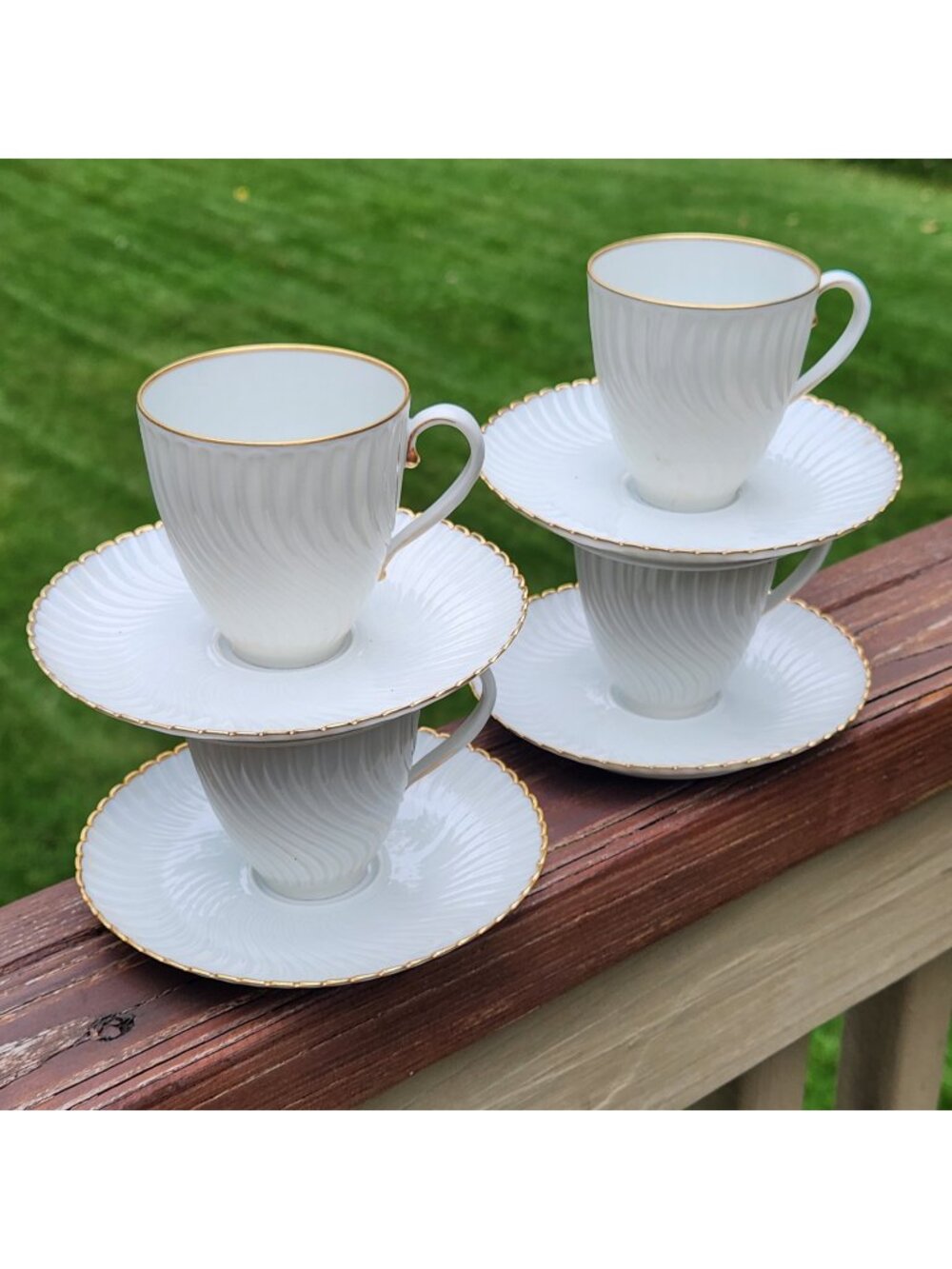 4 Giraud Brousseau Limoges White Swirl Twist Gold Trim Coffee Cups and Saucers